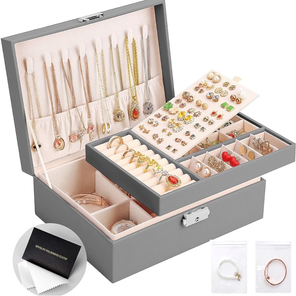 Womens Gray Jewelry Box Travel Jewelry Organizer Storage Case With Lock Necklace